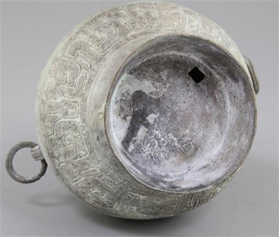 A Chinese archaic bronze ritual wine vessel, Hu, Eastern Zhou dynasty, 5th-3rd century B.C., 24cm high, small hole